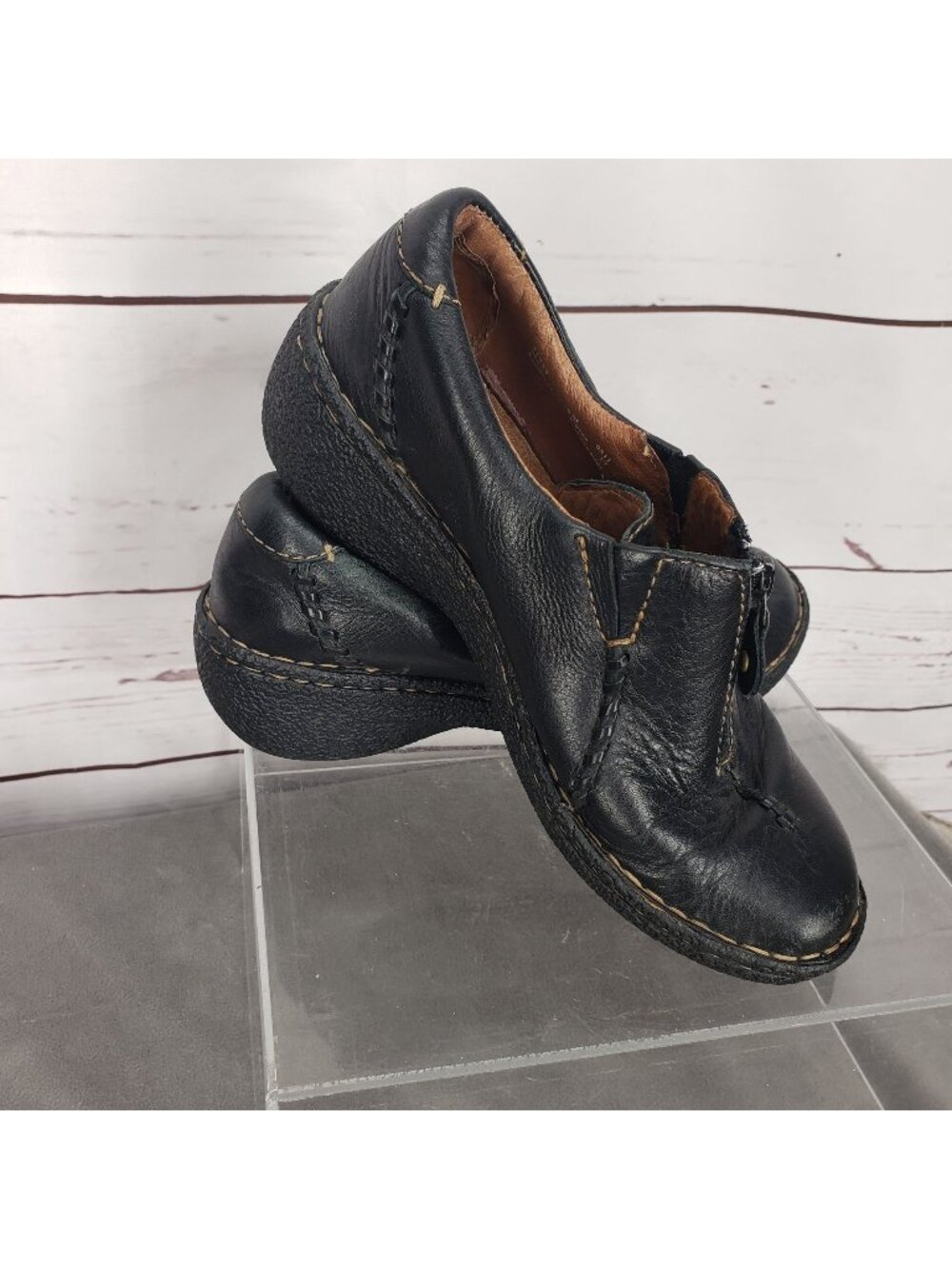Clarks Artisan Black Leather Slip-On Shoes With Side Zippers & Stitching Details